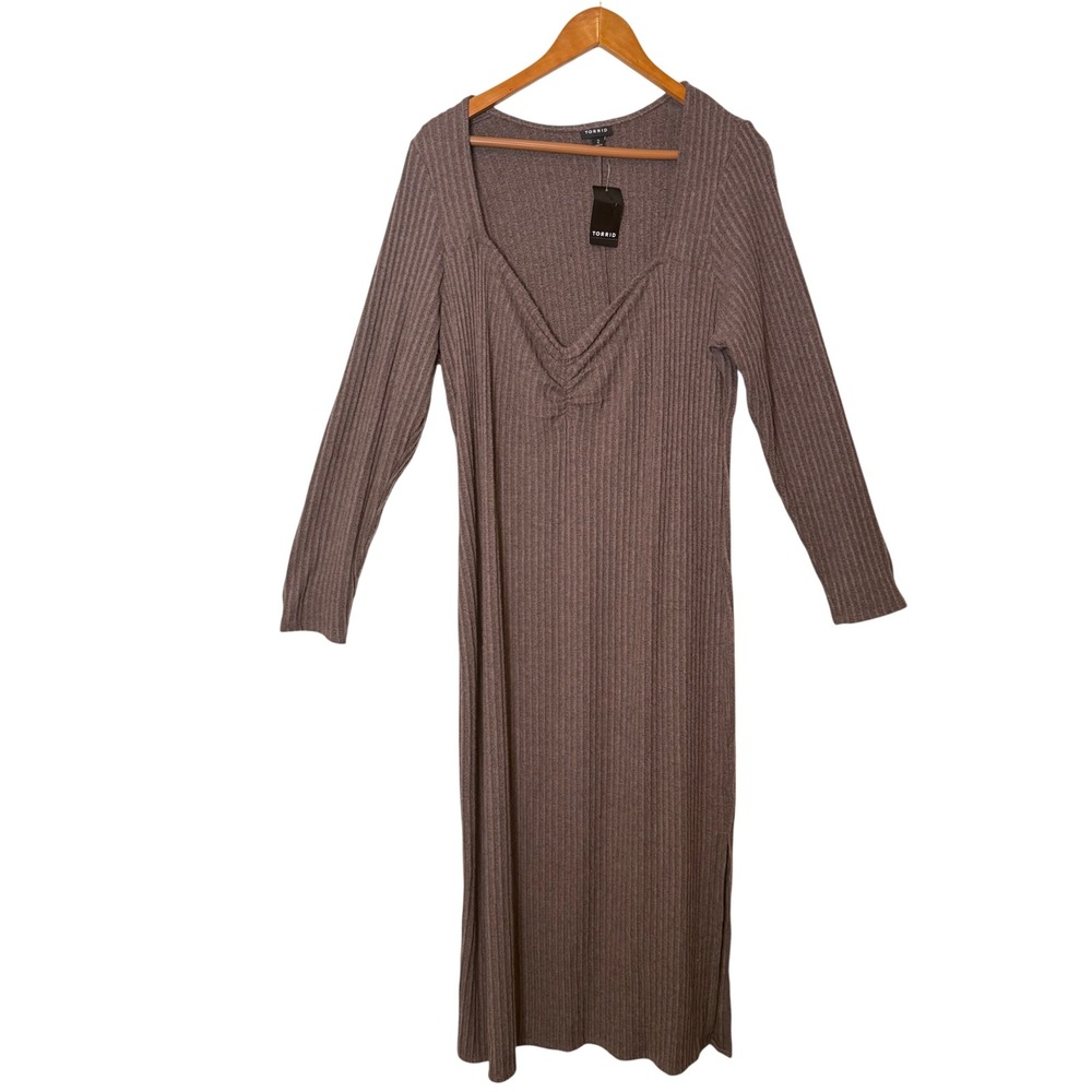 Torrid Rib‎ Knit Midi Maxi Dress Sweetheart Neckline Brown Size 2X Long Sleeve